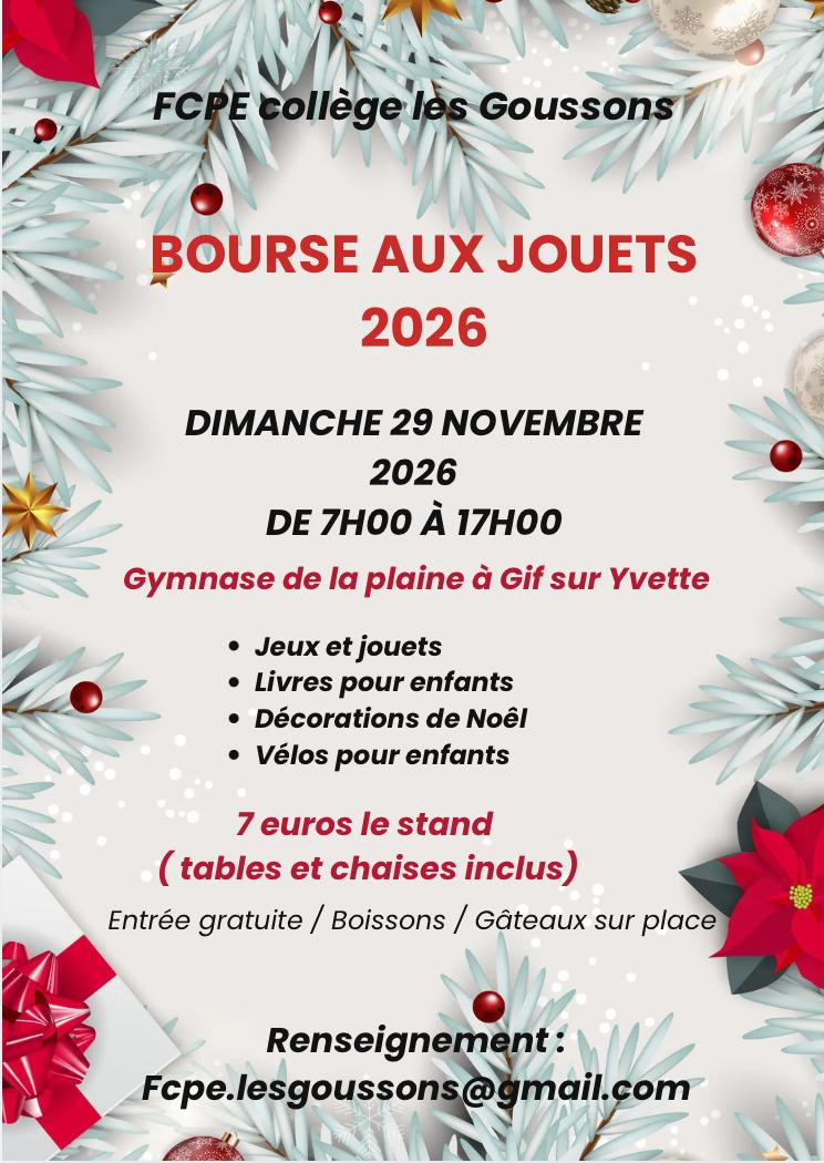 Affiche Bourse aux jouets 2026 — FCPE Collège les Goussons, dimanche 29 novembre 2026 de 7h à 17h, Gymnase de la plaine à Gif-sur-Yvette